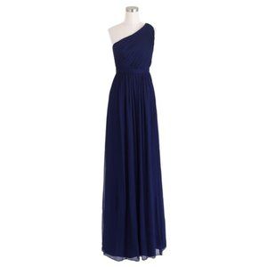 J.Crew Silk Chiffon Kylie Dress 10P $365 Navy Maxi One Shoulder Gown